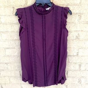 Loft Purple Eyelet Embroidered flutter ruffle detail blouse. Size XS